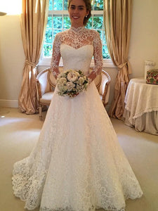 Lace Neck Long Sleeves Ball Gown Court Train Vintage Wedding Dress OW124