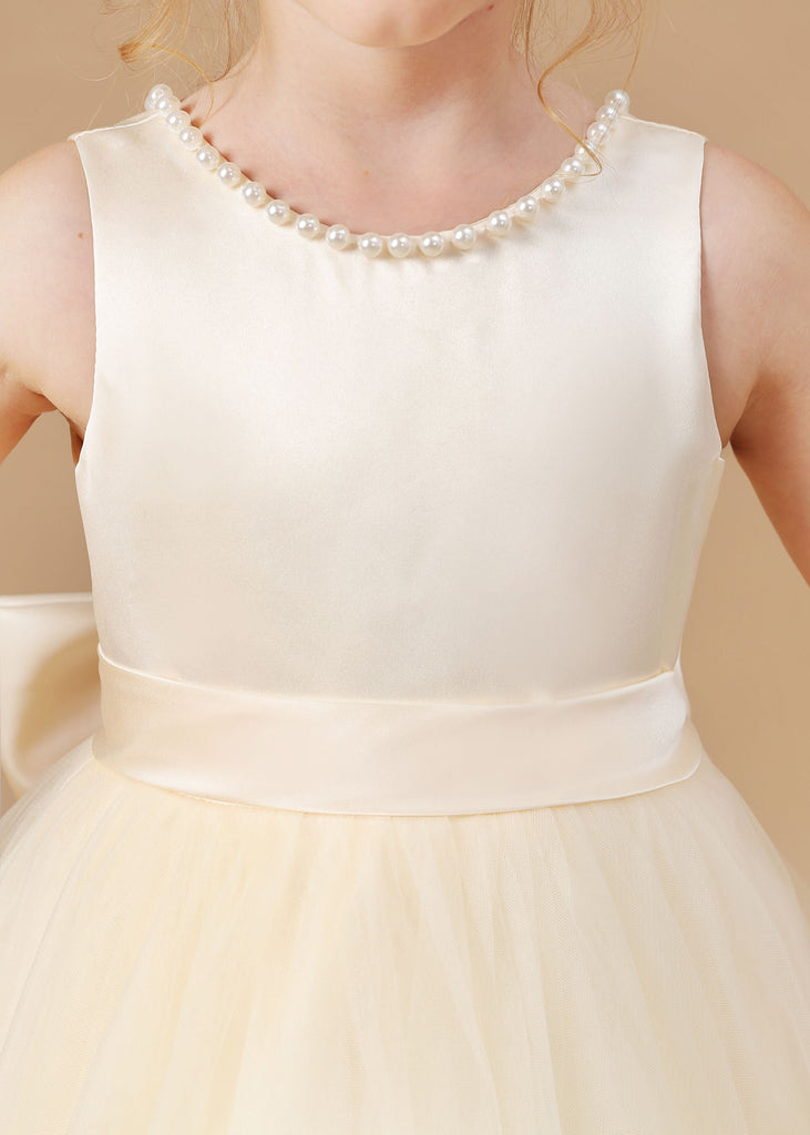 Sleeveless Satin Tulle Champagne Flower Girl Dress
