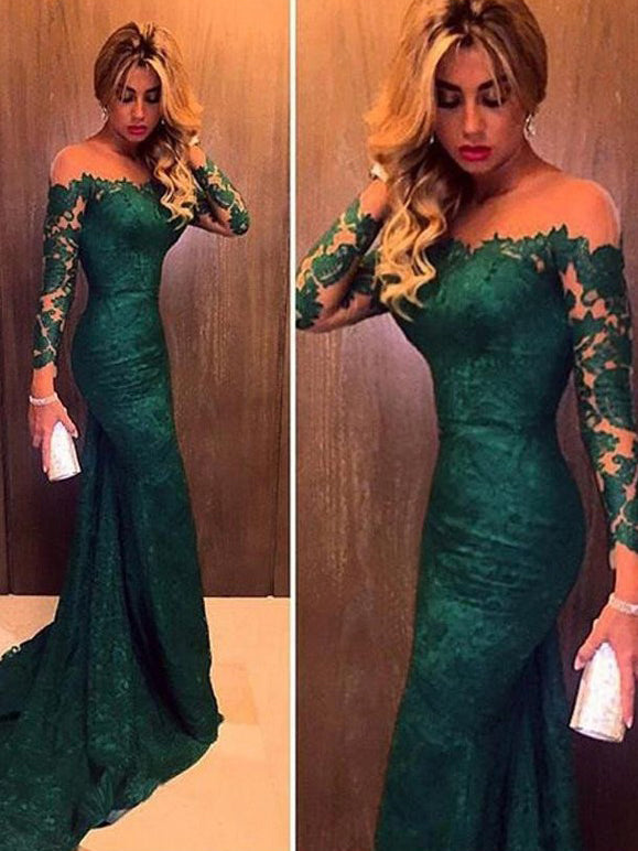 Trumpet/Mermaid Long Sleeves Off the Shoulder Green Lace Prom Party Dress OP112