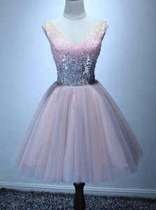 Cute A-line V-neck Pink Sweet 16 Dress, Sequins Short Homecoming Dress OM448