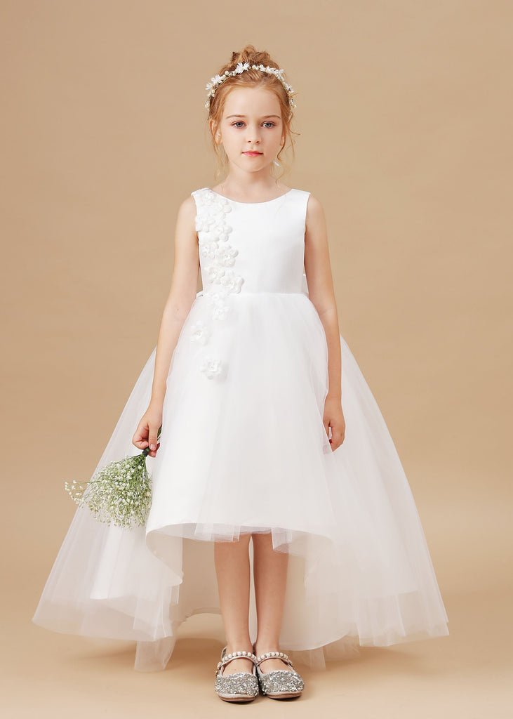 Applique Chic High Low Sleeveless Tulle Stain Flower Girl Dress With Bownet