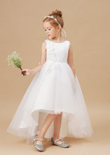 Chic High Low Sleeveless Tulle Stain Appliques Flower Girl dress With Bowknot