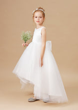 Chic High Low Sleeveless Tulle Stain Appliques Flower Girl dress With Bowknot