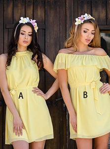 Jewel/Off-The-Shoulder A/B Pattern Daffodil Chiffon Bridesmaid Dress with Sash OB117