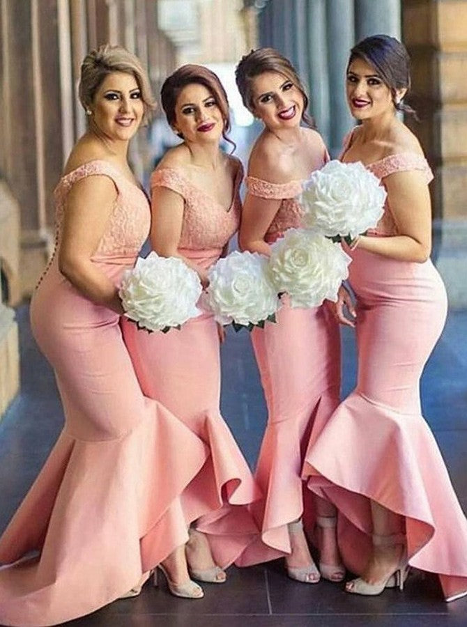 Mermaid Off-Shoulder V-neck Lace Bodice Satin Asymmetry Pink Bridesmaid dress OB133