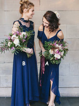 Navy Blue A/B Pattern Chiffon Long Bridesmaid dress with Ruffles OB123