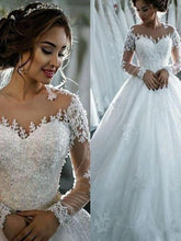 Long Sleeves Applique Sheer Scoop Tulle Ball Gown Wedding Dress OW291