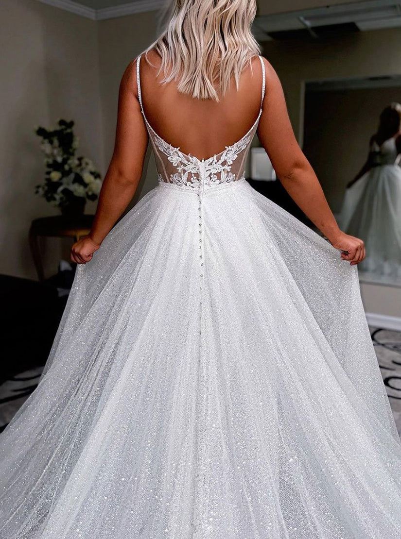 White V Neck Tulle Sequin Long Prom Dress, White Tulle Evening Dress