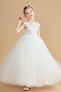 Ivory Tulle Cap Sleeves Flower Girl Dresses With Bow-Knot