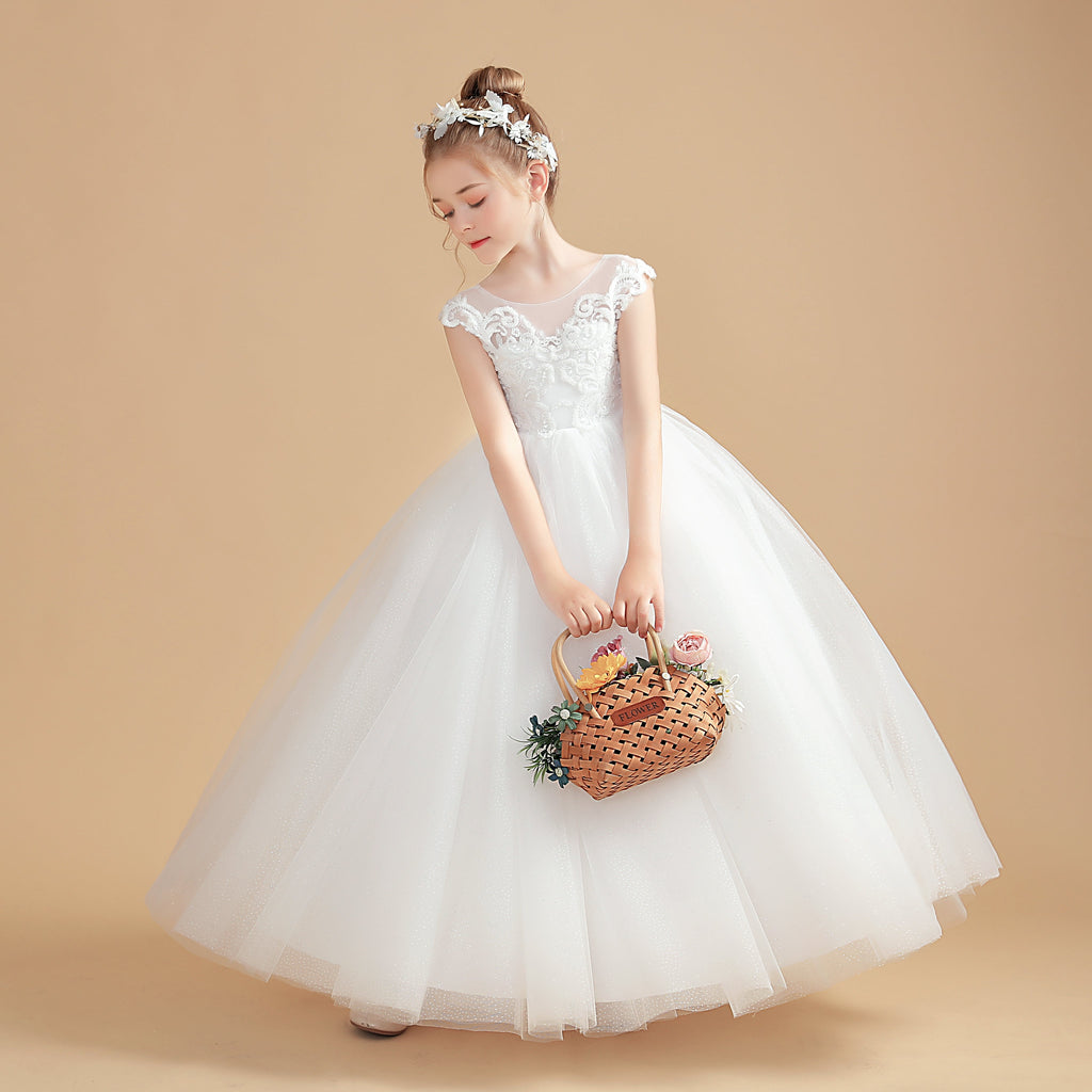 Ivory Tulle Cap Sleeves Flower Girl Dresses With Bow-Knot