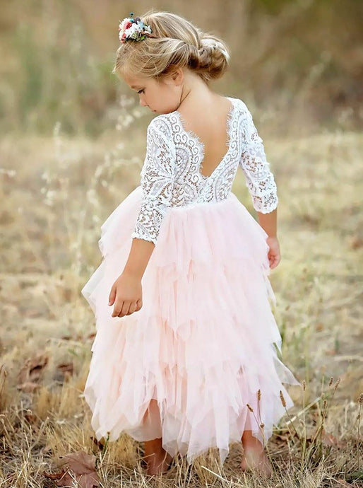 Lace 3/4 Sleeves Scoop Pink Tea-Length Flower Girl Dress with Ruffles OF141