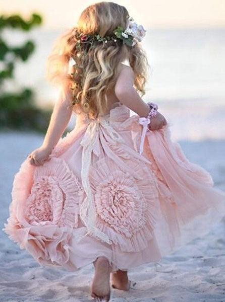 Chic Flower Girl Dress Halter Blush Tulle With Ruffles Flowers OF101