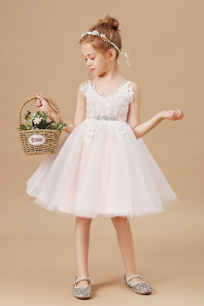 Appliques Halter V-neck Tulle Flower Girl Dress With Sash