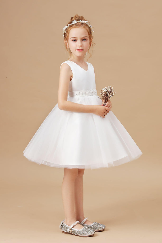Ivory Tulle Satin V-neck Sleeveless Flower Girl Dress With Bowknot