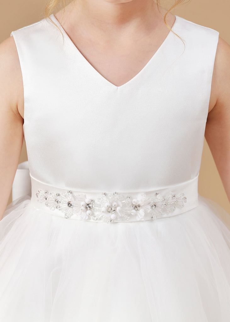 Ivory Tulle Satin V-neck Sleeveless Flower Girl Dress With Bowknot