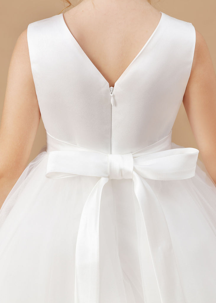 Ivory Tulle Satin V-neck Sleeveless Flower Girl Dress With Bowknot