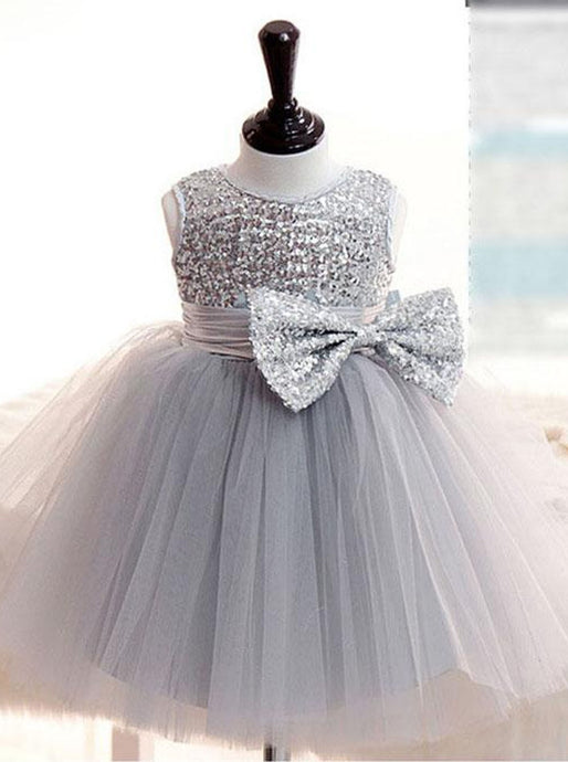 Jewel Sequins Bodice Gray Tullw Flower Girl Dress With Bowknots OF105
