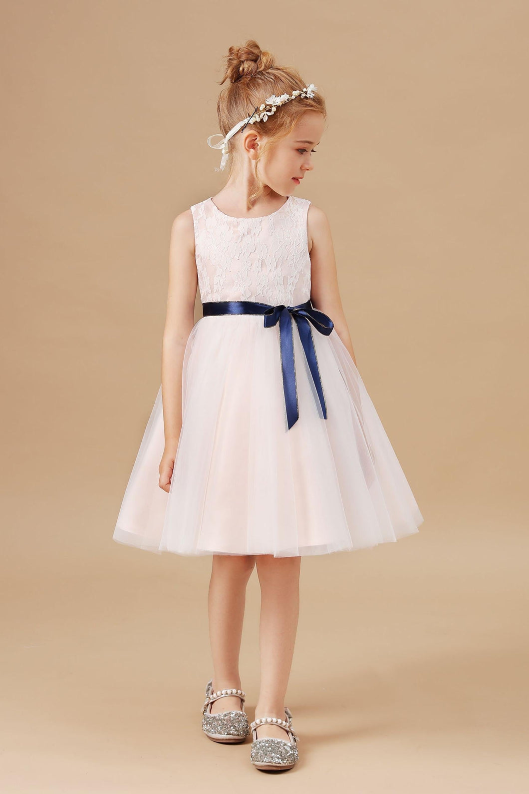 Tulle Satin Lace Flower Girl dress With Bowknot Satin-Sash