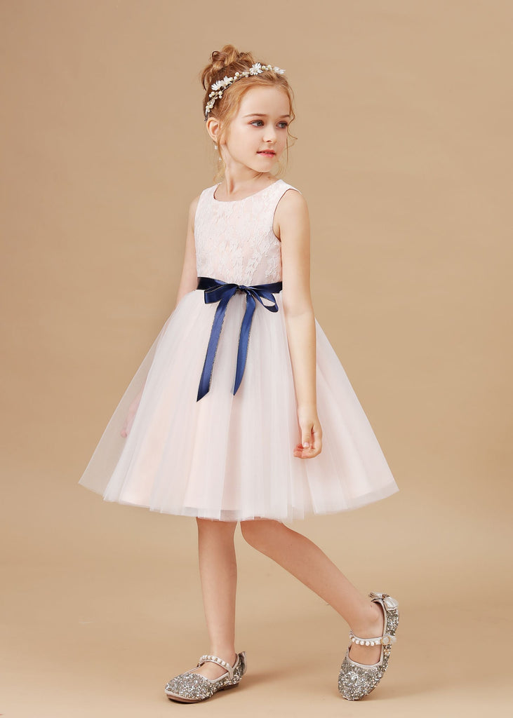 Tulle Satin Lace Flower Girl Dress With Bowknot Satin-Sash