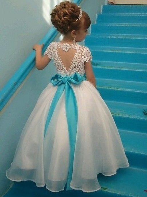 Cap Sleeves Ball Gown Jewel Lace Flower Girl Dress With Ribbon Bowknot OF106