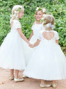 Jewel Lace Short Sleeves Heart-Back Tulle Ball Gown Flower Girl Dress OF107