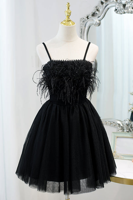 Sweet Spaghetti Straps Little Black Dress Fairy Dress with Tulle Homecoming Dress