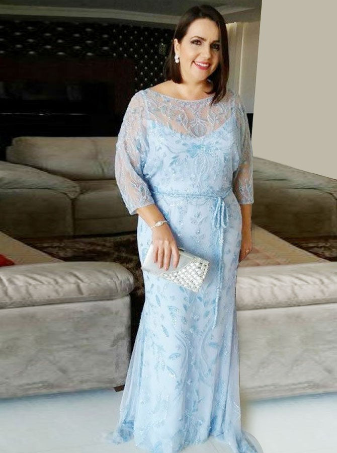 Plus Size 3/4 Sleeves Sheath Bateau Lace Mother Of The Bride Dress With Sash MO102