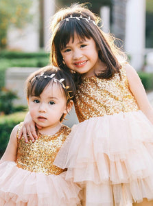 Sequins Gold Tulle Flower Girl Ball Gown Dress With Bowknot OF108