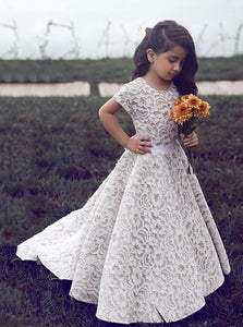 Round Neck Short Sleeves Lace Flower Girl Dress With Sash OF109