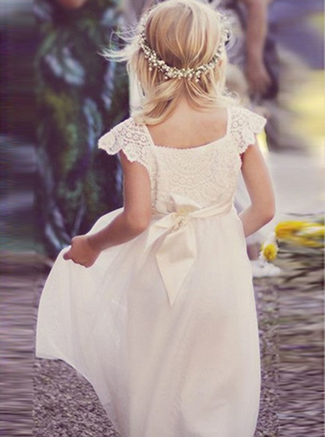 Lace Cap Sleeves Tulle Flower Girl Dress With Ribbon Bowknot OF112