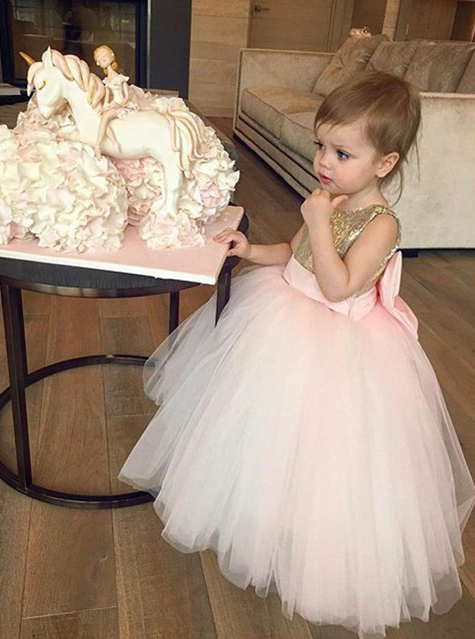 Sequins Gold Tulle Flower Girl Dress Ball Gown Birthday Dress With Bowknot OF115