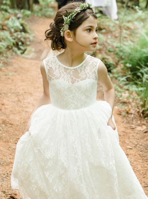 Lace A-Line Jewel Tea-Length Backless Flower Girl Dress, OF116