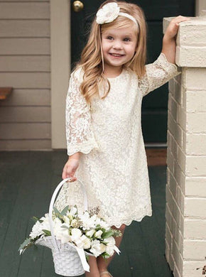 3/4 Sleeves A-Line Round Neck Lace Flower Girl Dress OF117