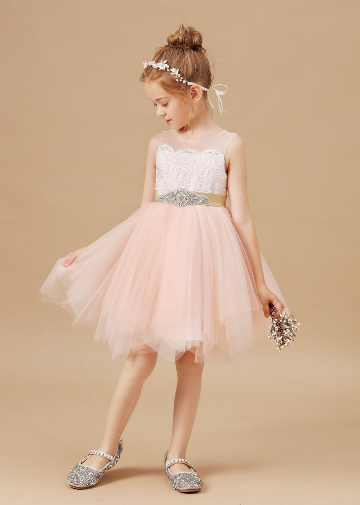 Applique Chic Tulle Satin Flower Girl Dress With Rhinestone Belt