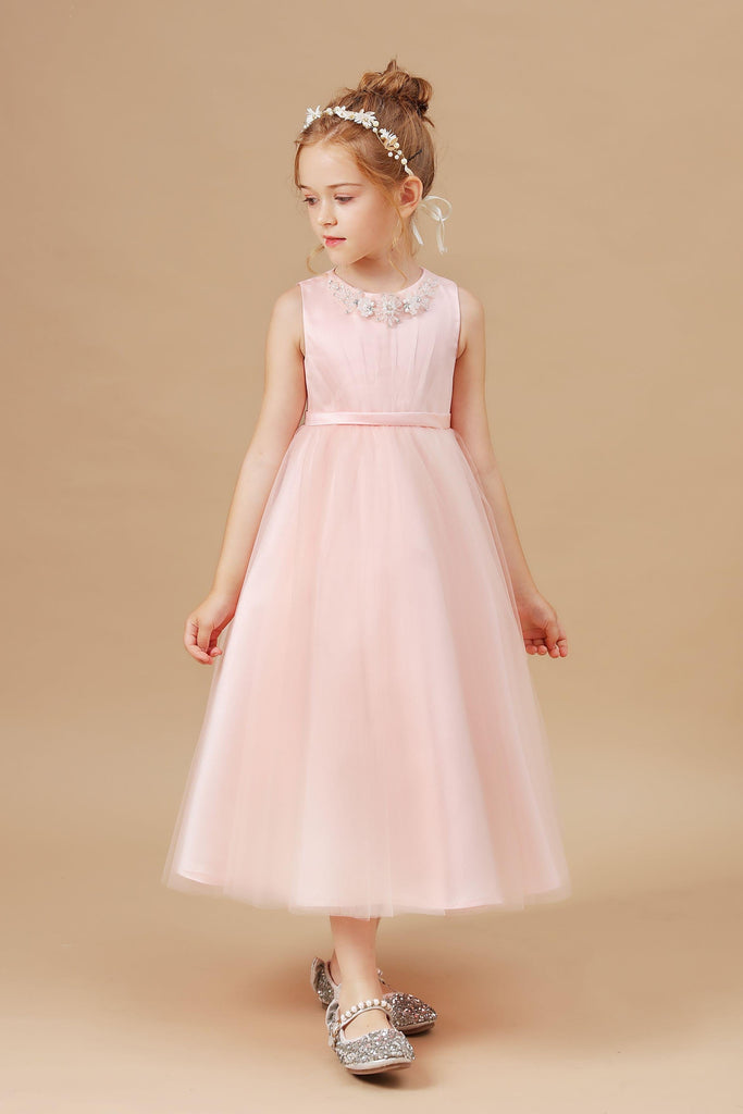 Tulle Crepe Applique Satin Flower Girl Dress With Bowknot