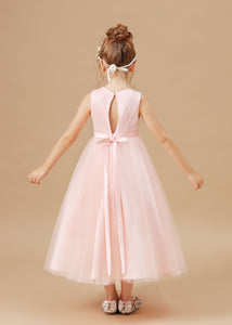 Tulle Crepe Applique Satin Flower Girl dress With Bowknot