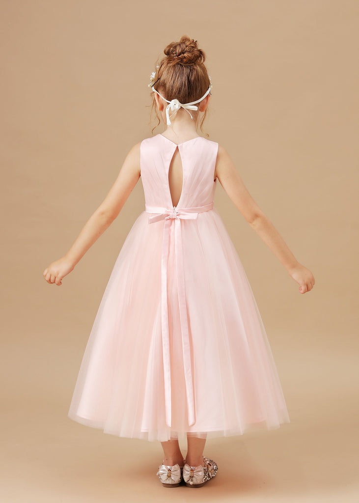 Tulle Crepe Applique Satin Flower Girl Dress With Bowknot