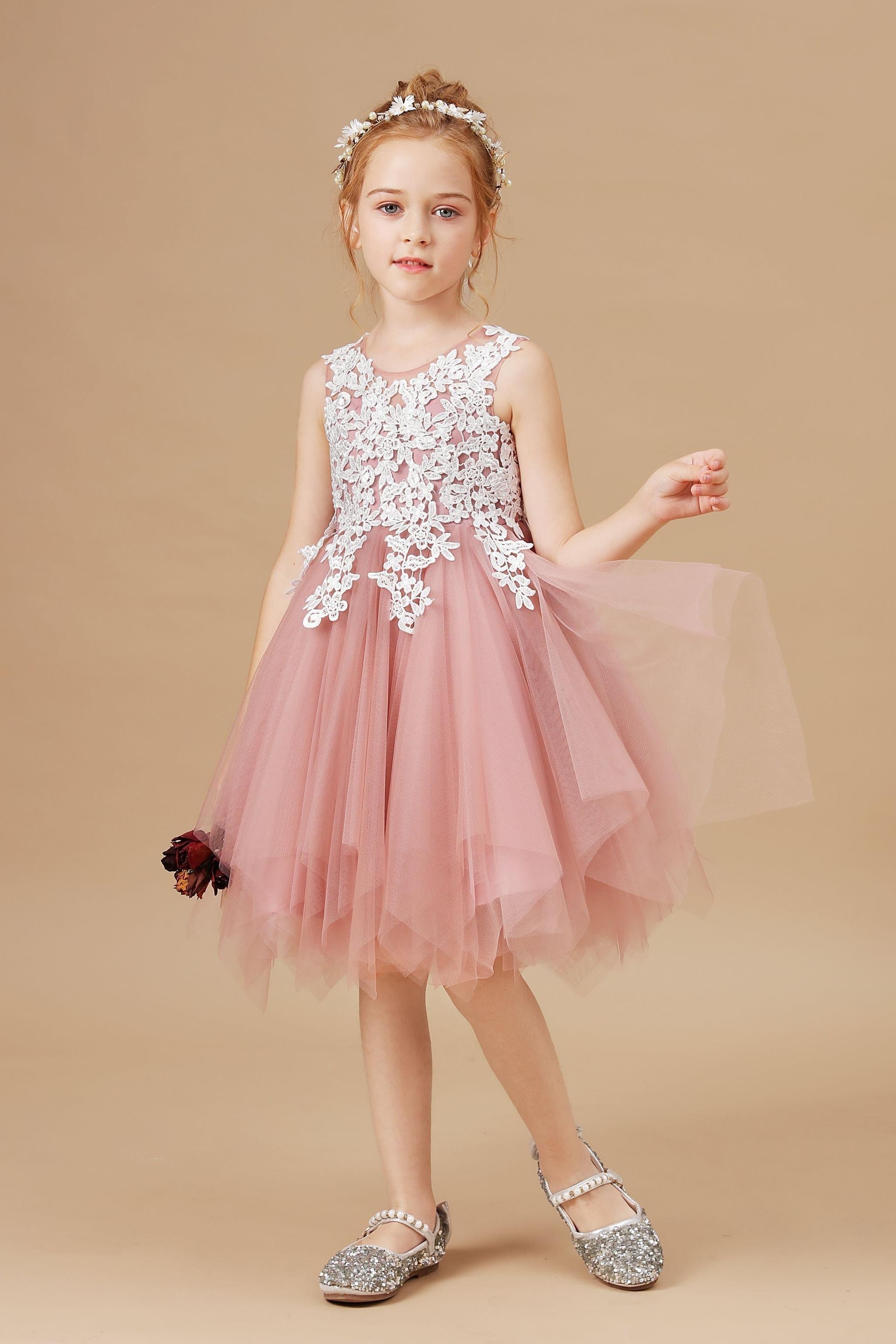Chic Applique Asymmetrical Sleeveless Tulle Flower Girl Dress