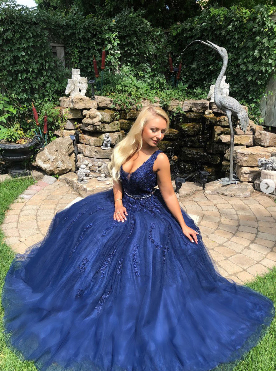 Blue v neck tulle lace long prom dress, blue bridesmaid dress