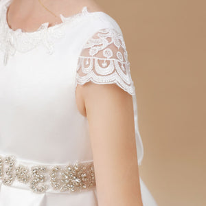 A-line Ivory Floor Length Bowknot Satin Flower Girl dress With Rhinestones