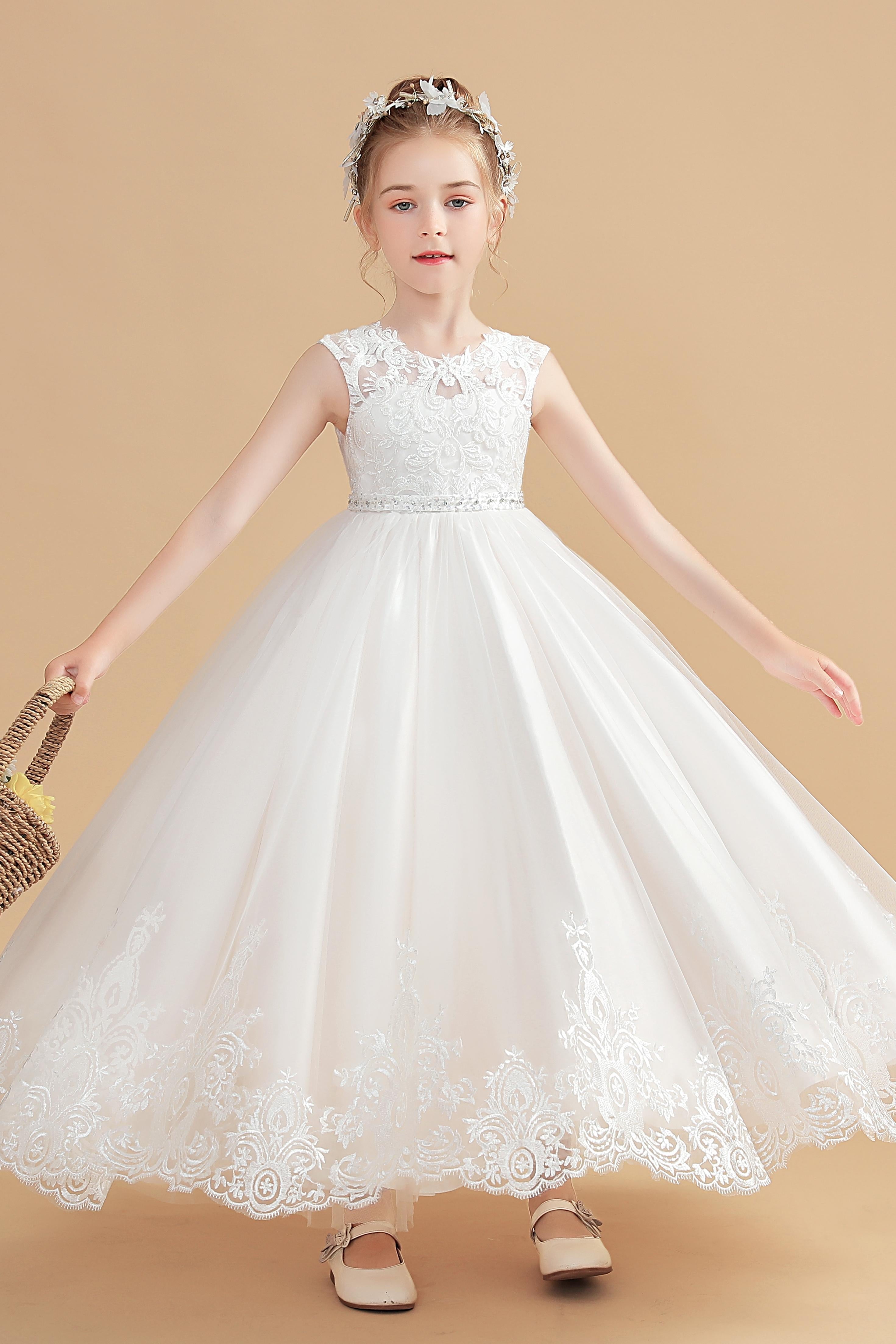 Cute Ivory Cap Sleeves Tulle Flower Girl Dresses With Beading