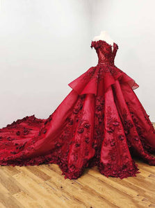 Ball Gown Quinceanera Dress Burgundy Beading Prom Dress With 3D Appliques OP728