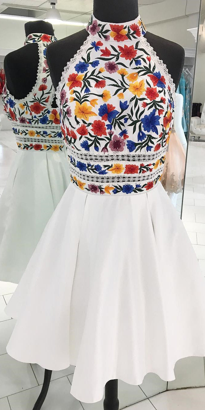 A-line Halter Floral Embroidery Short Prom Homecoming Dress OM365