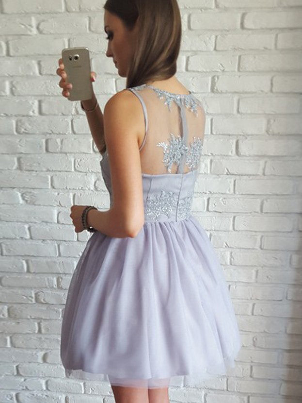 Lavender A-Line V-Neck Tulle Short Prom Dress Homecoming Dress With Appliques OC101