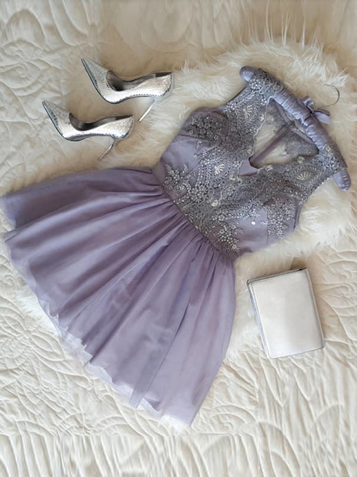 Lavender A-Line V-Neck Tulle Short Prom Dress Homecoming Dress With Appliques OC101