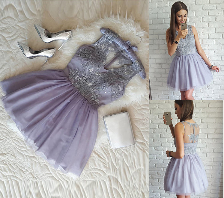 Lavender A-Line V-Neck Tulle Short Prom Dress Homecoming Dress With Appliques OC101