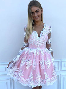 Appliques Long Sleeves Pink Tulle Short Homecoming Dress OM338