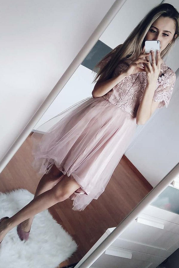 Short Sleeves Embroidered Bodice Short Graduation Dress OM174