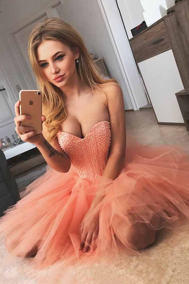 Chic Coral Sweetheart Tulle Short Prom Dress Beading Party Dress OM176
