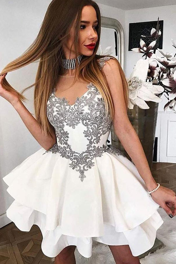 Illusion Neck Appliques Taffeta Short Party Dress With Layered Skirt OM178